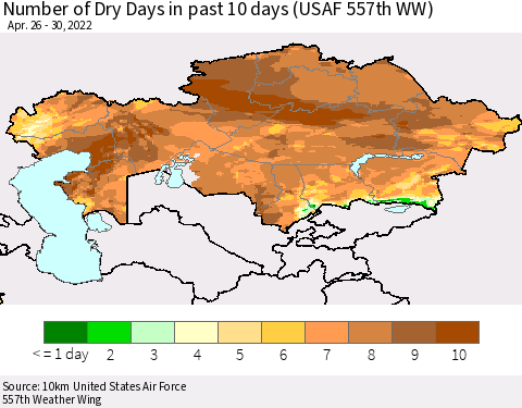 Kazakhstan Number of Dry Days in past 10 days (USAF 557th WW) Thematic Map For 4/26/2022 - 4/30/2022