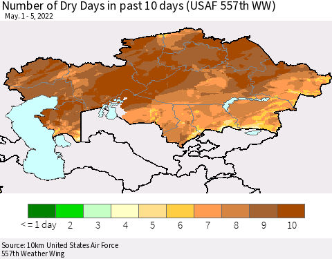 Kazakhstan Number of Dry Days in past 10 days (USAF 557th WW) Thematic Map For 5/1/2022 - 5/5/2022