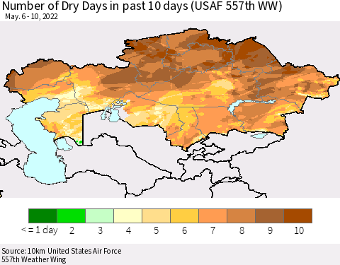 Kazakhstan Number of Dry Days in past 10 days (USAF 557th WW) Thematic Map For 5/6/2022 - 5/10/2022
