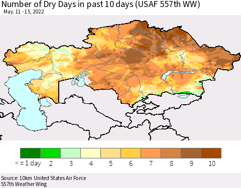 Kazakhstan Number of Dry Days in past 10 days (USAF 557th WW) Thematic Map For 5/11/2022 - 5/15/2022