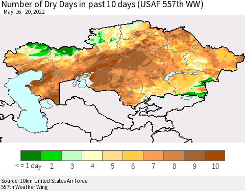 Kazakhstan Number of Dry Days in past 10 days (USAF 557th WW) Thematic Map For 5/16/2022 - 5/20/2022