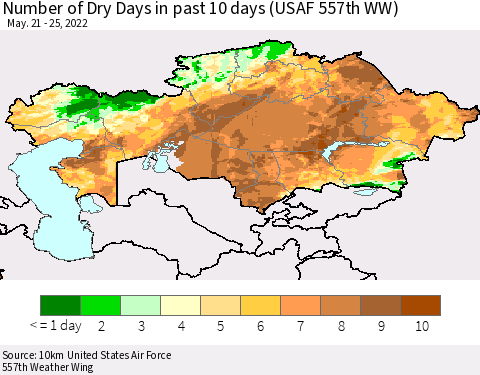 Kazakhstan Number of Dry Days in past 10 days (USAF 557th WW) Thematic Map For 5/21/2022 - 5/25/2022