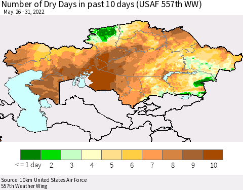Kazakhstan Number of Dry Days in past 10 days (USAF 557th WW) Thematic Map For 5/26/2022 - 5/31/2022