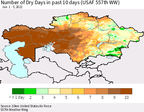 Kazakhstan Number of Dry Days in past 10 days (USAF 557th WW) Thematic Map For 6/1/2022 - 6/5/2022