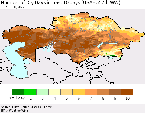 Kazakhstan Number of Dry Days in past 10 days (USAF 557th WW) Thematic Map For 6/6/2022 - 6/10/2022