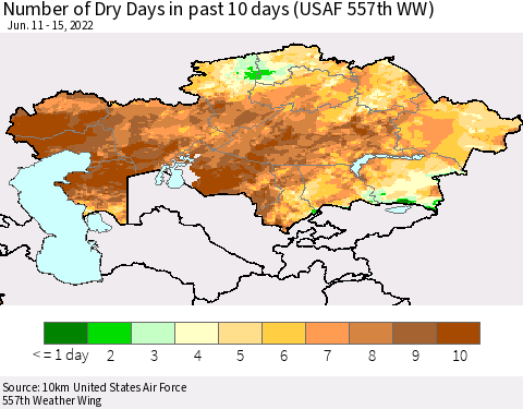 Kazakhstan Number of Dry Days in past 10 days (USAF 557th WW) Thematic Map For 6/11/2022 - 6/15/2022