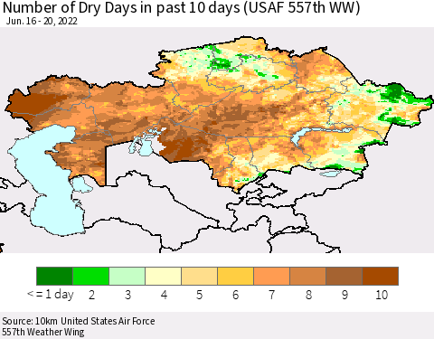 Kazakhstan Number of Dry Days in past 10 days (USAF 557th WW) Thematic Map For 6/16/2022 - 6/20/2022