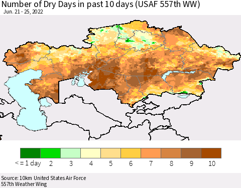 Kazakhstan Number of Dry Days in past 10 days (USAF 557th WW) Thematic Map For 6/21/2022 - 6/25/2022