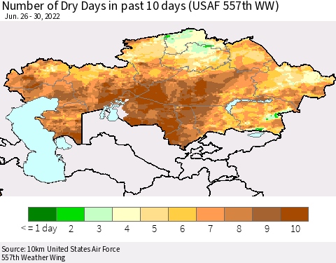 Kazakhstan Number of Dry Days in past 10 days (USAF 557th WW) Thematic Map For 6/26/2022 - 6/30/2022