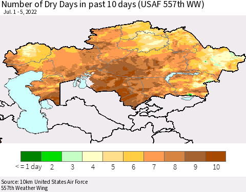 Kazakhstan Number of Dry Days in past 10 days (USAF 557th WW) Thematic Map For 7/1/2022 - 7/5/2022