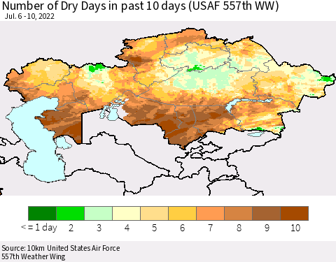 Kazakhstan Number of Dry Days in past 10 days (USAF 557th WW) Thematic Map For 7/6/2022 - 7/10/2022