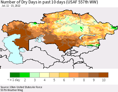 Kazakhstan Number of Dry Days in past 10 days (USAF 557th WW) Thematic Map For 7/11/2022 - 7/15/2022