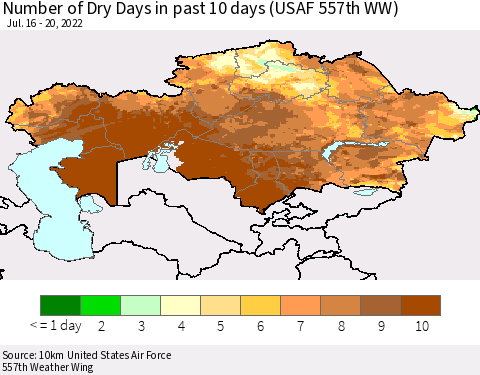 Kazakhstan Number of Dry Days in past 10 days (USAF 557th WW) Thematic Map For 7/16/2022 - 7/20/2022