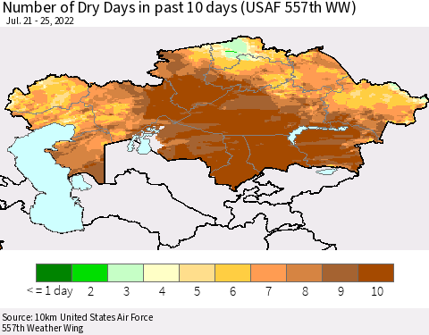 Kazakhstan Number of Dry Days in past 10 days (USAF 557th WW) Thematic Map For 7/21/2022 - 7/25/2022