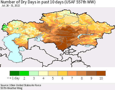 Kazakhstan Number of Dry Days in past 10 days (USAF 557th WW) Thematic Map For 7/26/2022 - 7/31/2022