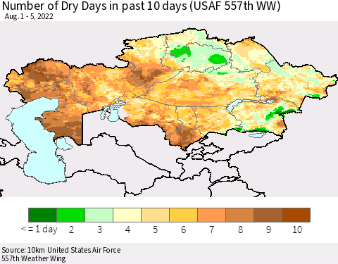 Kazakhstan Number of Dry Days in past 10 days (USAF 557th WW) Thematic Map For 8/1/2022 - 8/5/2022
