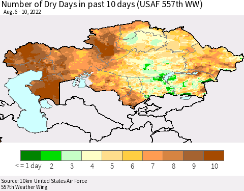 Kazakhstan Number of Dry Days in past 10 days (USAF 557th WW) Thematic Map For 8/6/2022 - 8/10/2022