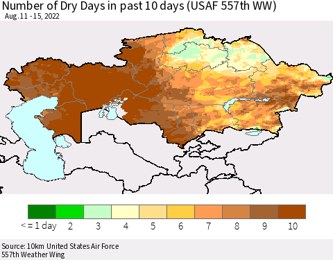 Kazakhstan Number of Dry Days in past 10 days (USAF 557th WW) Thematic Map For 8/11/2022 - 8/15/2022