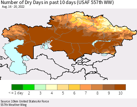 Kazakhstan Number of Dry Days in past 10 days (USAF 557th WW) Thematic Map For 8/16/2022 - 8/20/2022