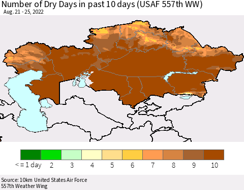Kazakhstan Number of Dry Days in past 10 days (USAF 557th WW) Thematic Map For 8/21/2022 - 8/25/2022