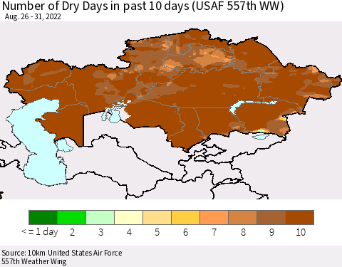 Kazakhstan Number of Dry Days in past 10 days (USAF 557th WW) Thematic Map For 8/26/2022 - 8/31/2022