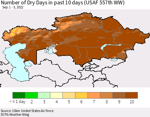 Kazakhstan Number of Dry Days in past 10 days (USAF 557th WW) Thematic Map For 9/1/2022 - 9/5/2022