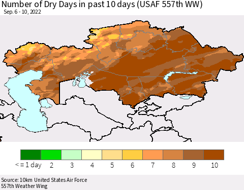 Kazakhstan Number of Dry Days in past 10 days (USAF 557th WW) Thematic Map For 9/6/2022 - 9/10/2022