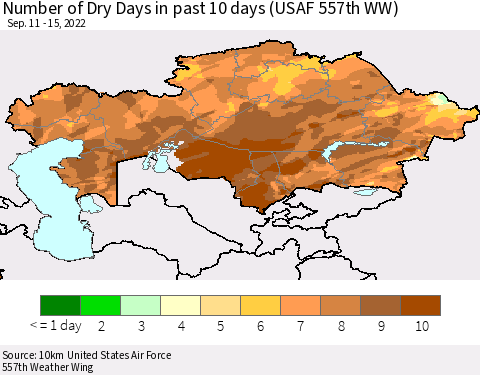 Kazakhstan Number of Dry Days in past 10 days (USAF 557th WW) Thematic Map For 9/11/2022 - 9/15/2022