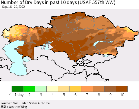 Kazakhstan Number of Dry Days in past 10 days (USAF 557th WW) Thematic Map For 9/16/2022 - 9/20/2022