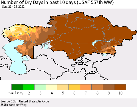 Kazakhstan Number of Dry Days in past 10 days (USAF 557th WW) Thematic Map For 9/21/2022 - 9/25/2022