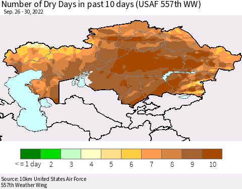 Kazakhstan Number of Dry Days in past 10 days (USAF 557th WW) Thematic Map For 9/26/2022 - 9/30/2022
