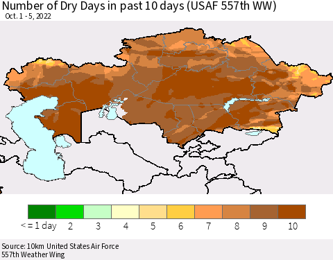 Kazakhstan Number of Dry Days in past 10 days (USAF 557th WW) Thematic Map For 10/1/2022 - 10/5/2022