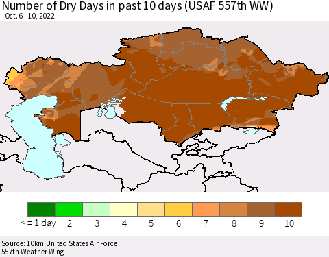 Kazakhstan Number of Dry Days in past 10 days (USAF 557th WW) Thematic Map For 10/6/2022 - 10/10/2022