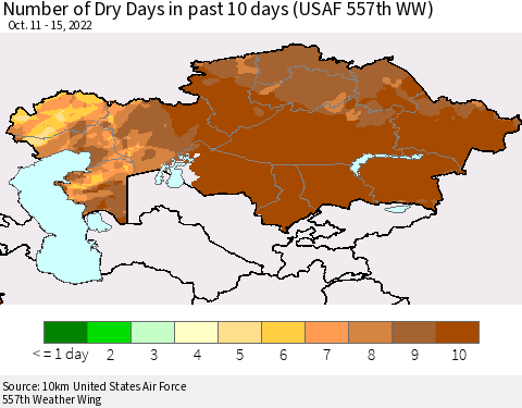 Kazakhstan Number of Dry Days in past 10 days (USAF 557th WW) Thematic Map For 10/11/2022 - 10/15/2022