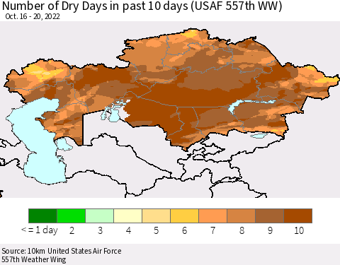 Kazakhstan Number of Dry Days in past 10 days (USAF 557th WW) Thematic Map For 10/16/2022 - 10/20/2022