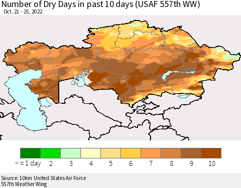 Kazakhstan Number of Dry Days in past 10 days (USAF 557th WW) Thematic Map For 10/21/2022 - 10/25/2022