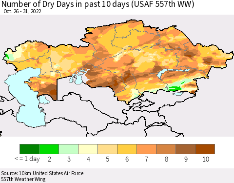 Kazakhstan Number of Dry Days in past 10 days (USAF 557th WW) Thematic Map For 10/26/2022 - 10/31/2022