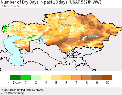 Kazakhstan Number of Dry Days in past 10 days (USAF 557th WW) Thematic Map For 11/1/2022 - 11/5/2022