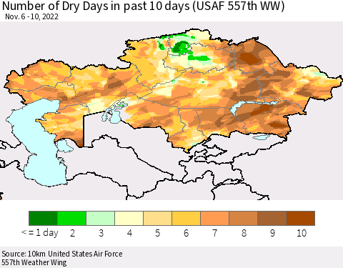 Kazakhstan Number of Dry Days in past 10 days (USAF 557th WW) Thematic Map For 11/6/2022 - 11/10/2022