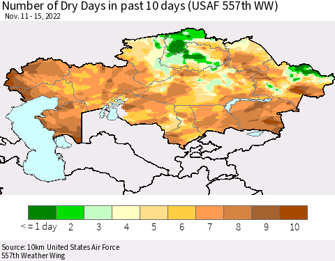Kazakhstan Number of Dry Days in past 10 days (USAF 557th WW) Thematic Map For 11/11/2022 - 11/15/2022