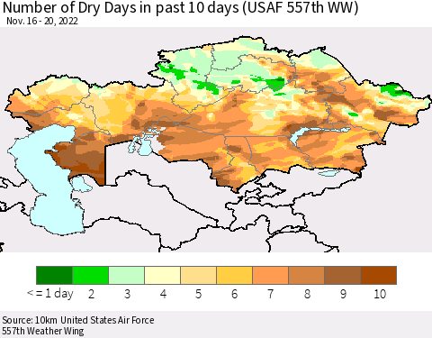 Kazakhstan Number of Dry Days in past 10 days (USAF 557th WW) Thematic Map For 11/16/2022 - 11/20/2022