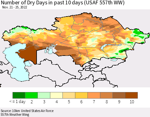 Kazakhstan Number of Dry Days in past 10 days (USAF 557th WW) Thematic Map For 11/21/2022 - 11/25/2022