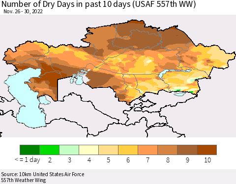 Kazakhstan Number of Dry Days in past 10 days (USAF 557th WW) Thematic Map For 11/26/2022 - 11/30/2022