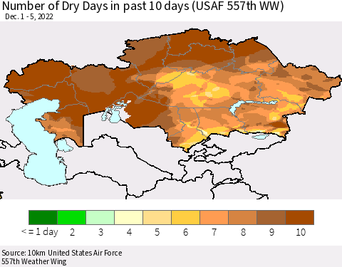 Kazakhstan Number of Dry Days in past 10 days (USAF 557th WW) Thematic Map For 12/1/2022 - 12/5/2022