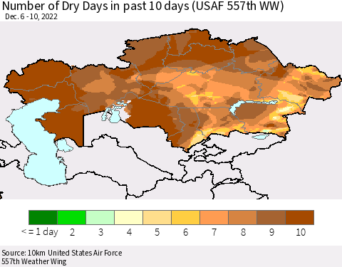 Kazakhstan Number of Dry Days in past 10 days (USAF 557th WW) Thematic Map For 12/6/2022 - 12/10/2022
