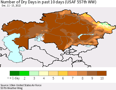 Kazakhstan Number of Dry Days in past 10 days (USAF 557th WW) Thematic Map For 12/11/2022 - 12/15/2022