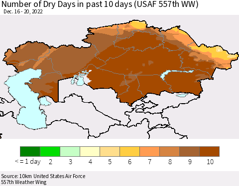 Kazakhstan Number of Dry Days in past 10 days (USAF 557th WW) Thematic Map For 12/16/2022 - 12/20/2022