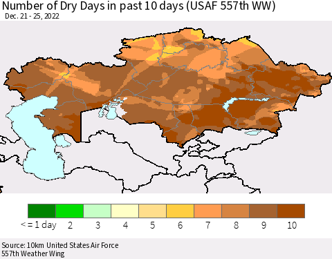 Kazakhstan Number of Dry Days in past 10 days (USAF 557th WW) Thematic Map For 12/21/2022 - 12/25/2022