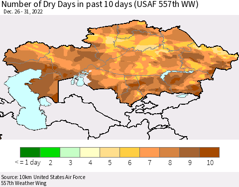 Kazakhstan Number of Dry Days in past 10 days (USAF 557th WW) Thematic Map For 12/26/2022 - 12/31/2022