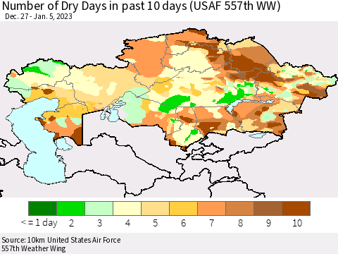 Kazakhstan Number of Dry Days in past 10 days (USAF 557th WW) Thematic Map For 1/1/2023 - 1/5/2023